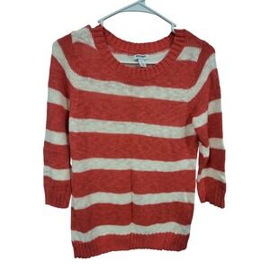 Old Navy Striped Knit Sweater Coral White 3/4 Sleeve Crew Neck Small